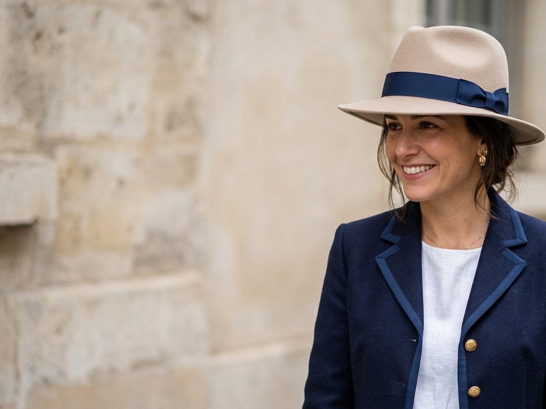 A felt hat with a navy grosgrain hat band, worn with a navy jacket