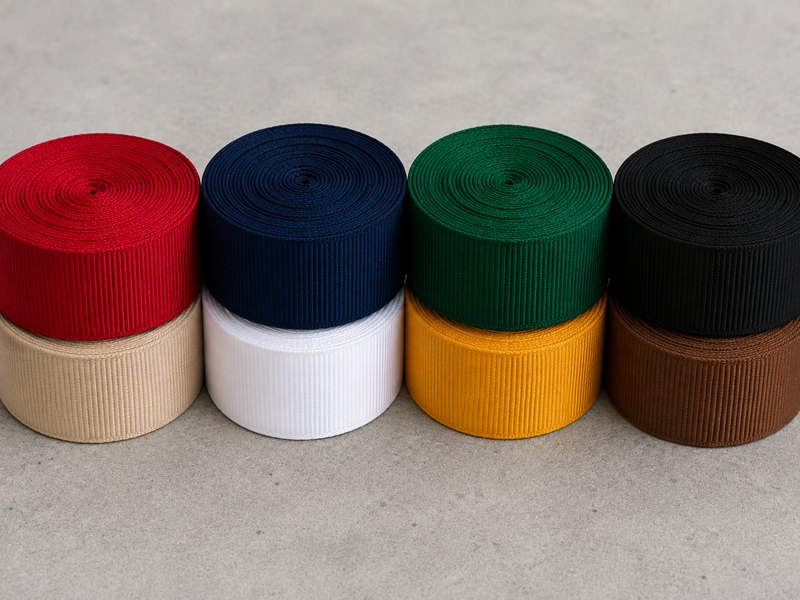 Eight rolls of grosgrain ribbon in different solid colours