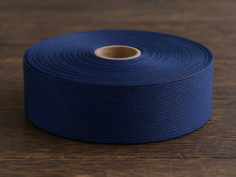 A roll of navy grosgrain ribbon on a dark wooden table